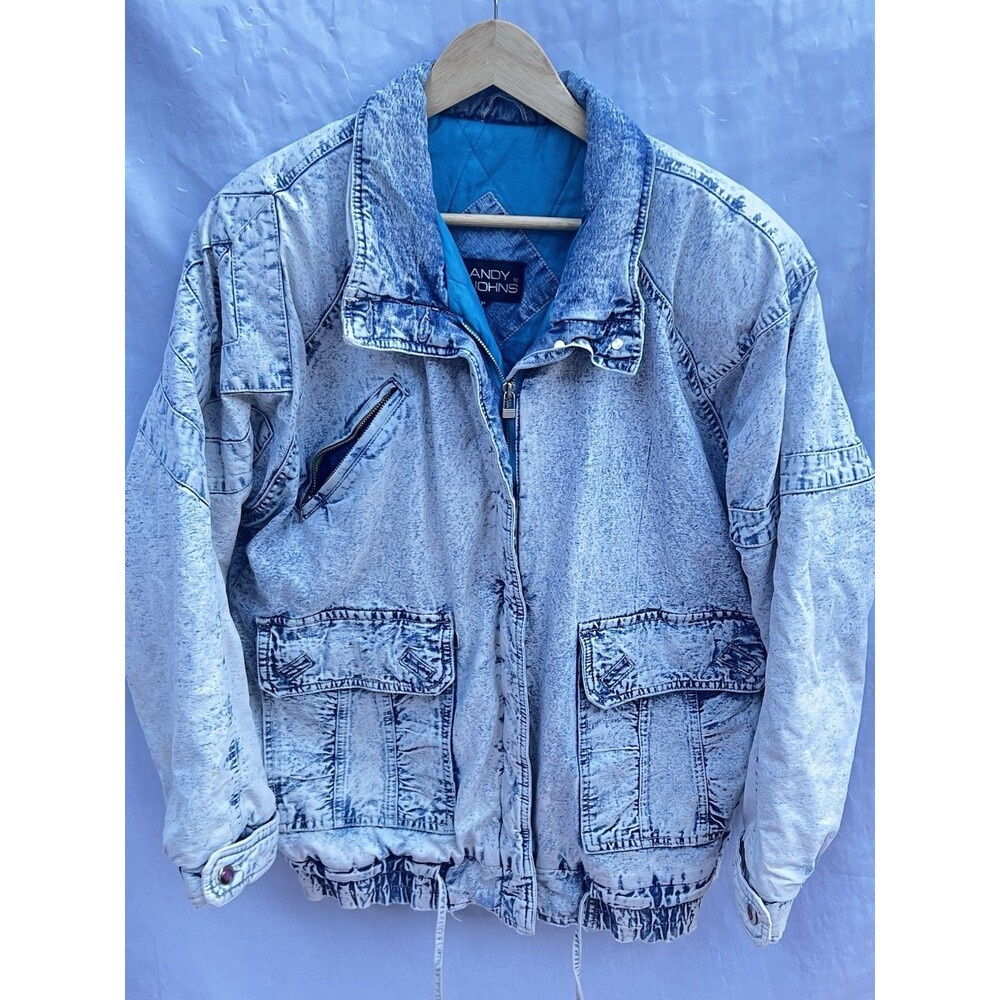 Vintage Andy Johns Acid Wash Denim Jacket 80s 90s Oversized Blue Quilted M